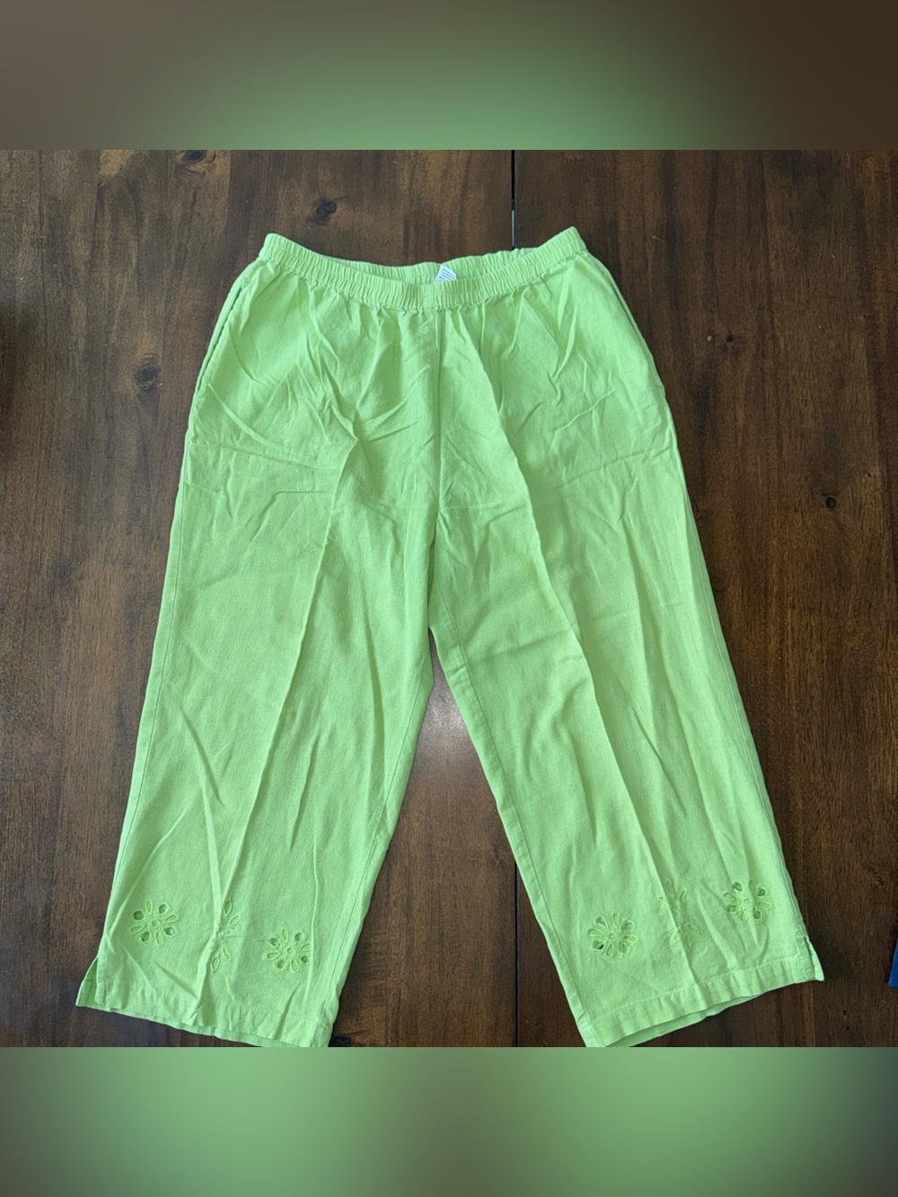 Kim Rogers Green Pull On Embroidered Floral Cutout Cropped Pants M Linen Blend